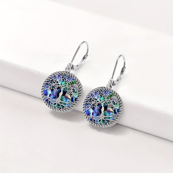 925 Sterling Silver Tree Of Life Earrings Tree Of Life Abalone Shell - Picture 3 of 7